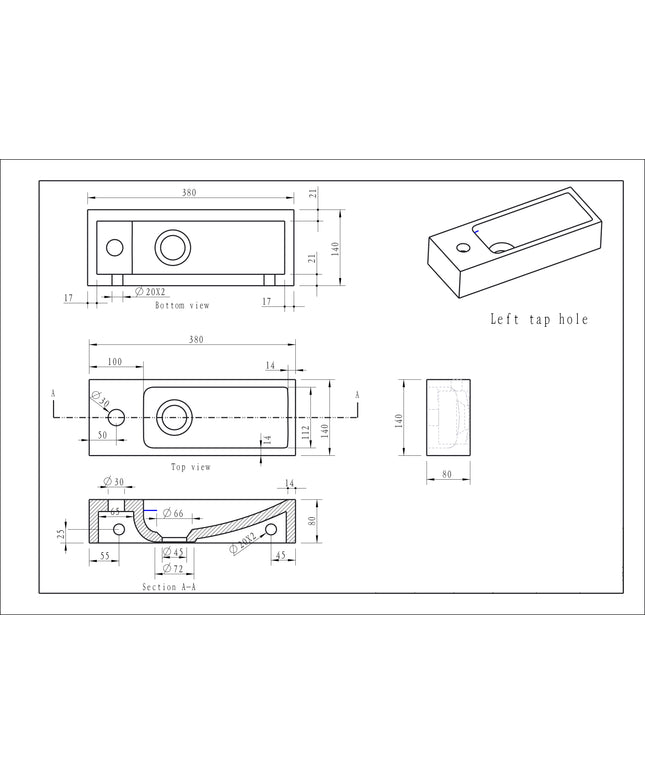 Wiesbaden Raw smalle fontein links 38 x 14 cm hardsteen gezoet - technische tekening | Schwertz & Co