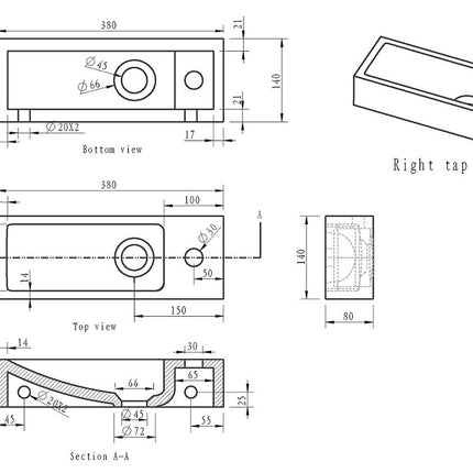 Wiesbaden Raw smalle fontein rechts 38 x 14 cm hardsteen gezoet - technische tekening | Schwertz & Co