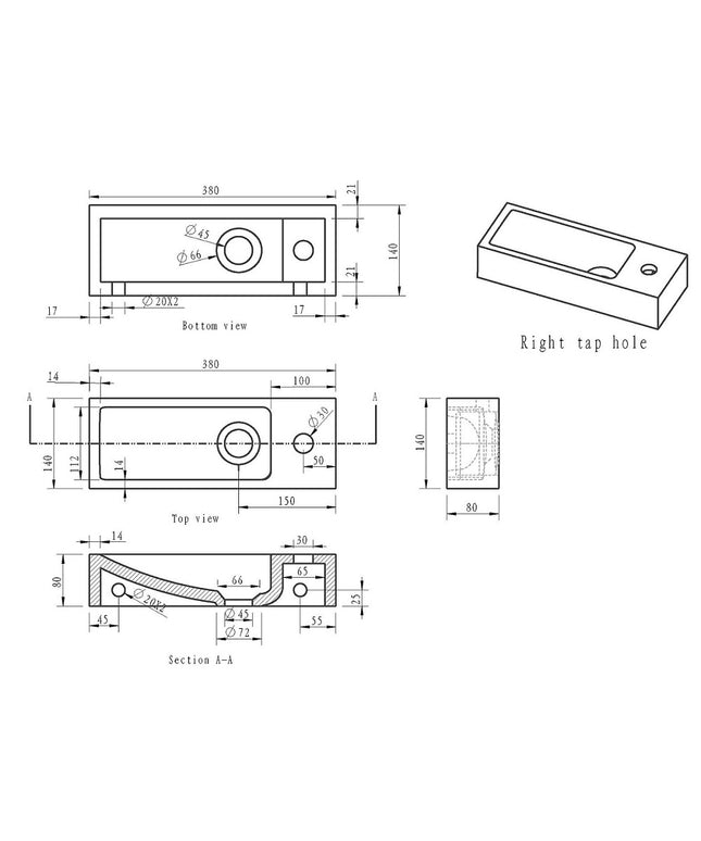 Wiesbaden Raw smalle fontein rechts 38 x 14 cm hardsteen gezoet - technische tekening | Schwertz & Co