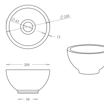 Wiesbaden Raw waskom rond 20 cm hardsteen gezoet - technische tekening | Schwertz & Co