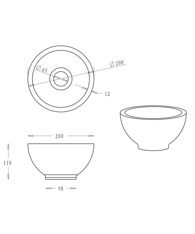 Wiesbaden Raw waskom rond 20 cm hardsteen gezoet - technische tekening | Schwertz & Co