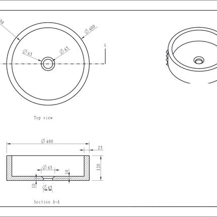 Wiesbaden Raw waskom rond hamerslag hardsteen gezoet 40 x 12 cm - technische tekening | Schwertz & Co