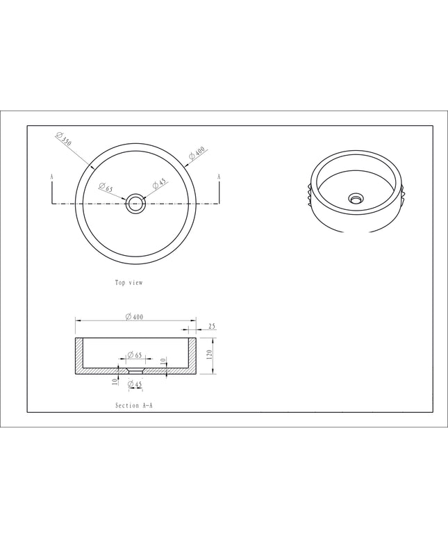 Wiesbaden Raw waskom rond hamerslag hardsteen gezoet 40 x 12 cm - technische tekening | Schwertz & Co