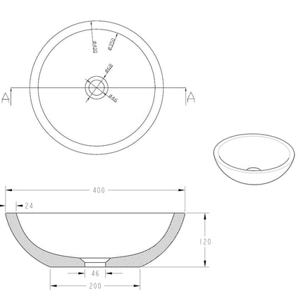 Wiesbaden Raw waskom rond hardsteen gezoet - technische tekening | Schwertz & Co