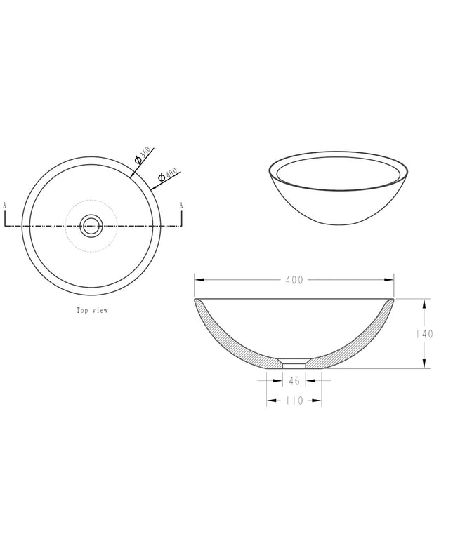 Wiesbaden Raw waskom rond hardsteen gezoet - technische tekening | Schwertz & Co