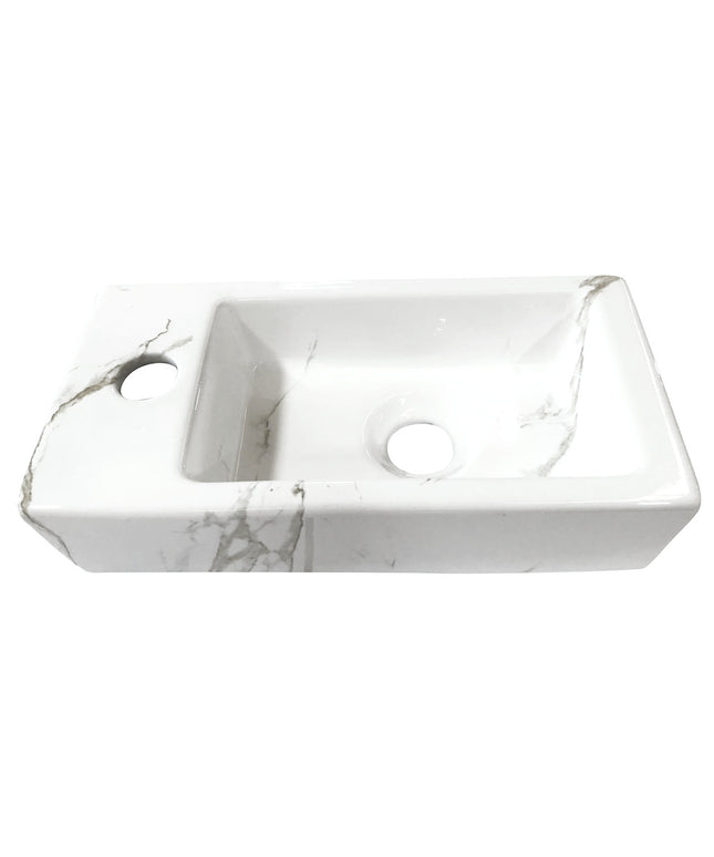 Wiesbaden Rhea S mini fonteinset links 36 x 18 cm carrara geborsteld messing - sfeerfoto | Schwertz & Co