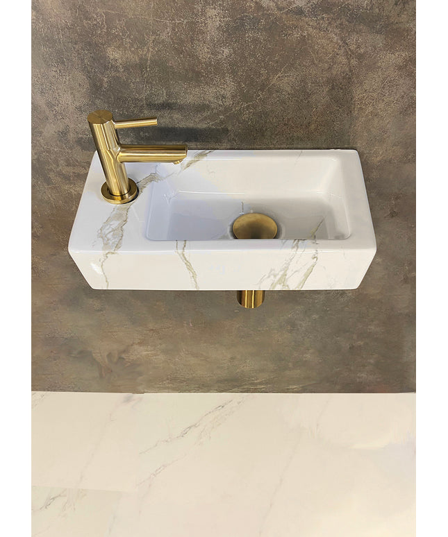 Wiesbaden Rhea S mini fonteinset links 36 x 18 cm carrara geborsteld messing | Schwertz & Co