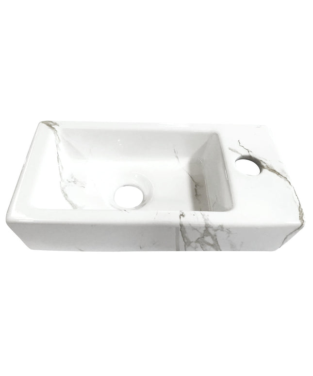 Wiesbaden Rhea S mini fonteinset rechts 36 x 18 cm carrara geborsteld messing - sfeerfoto | Schwertz & Co