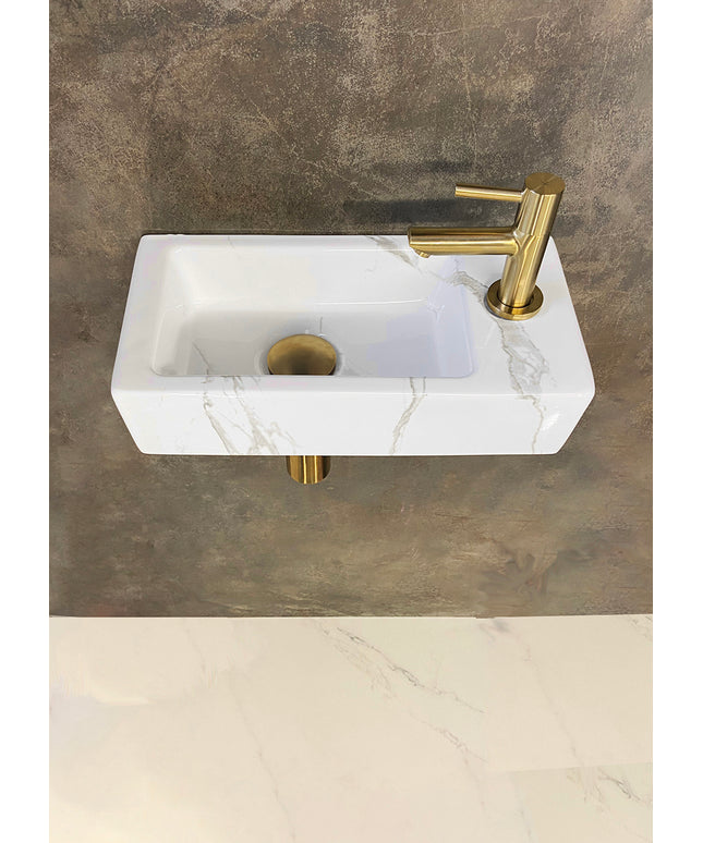 Wiesbaden Rhea S mini fonteinset rechts 36 x 18 cm carrara geborsteld messing | Schwertz & Co