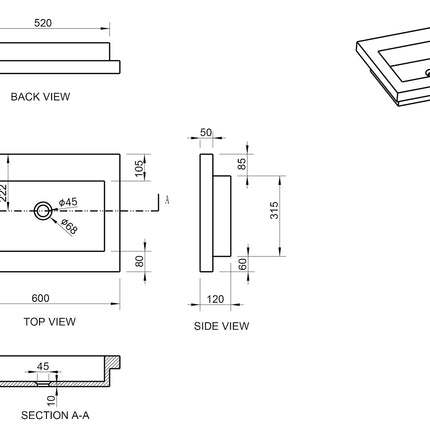 Wiesbaden Raw wastafel zonder kraangat 60 x 46 cm hardsteen gezoet - technische tekening | Schwertz & Co
