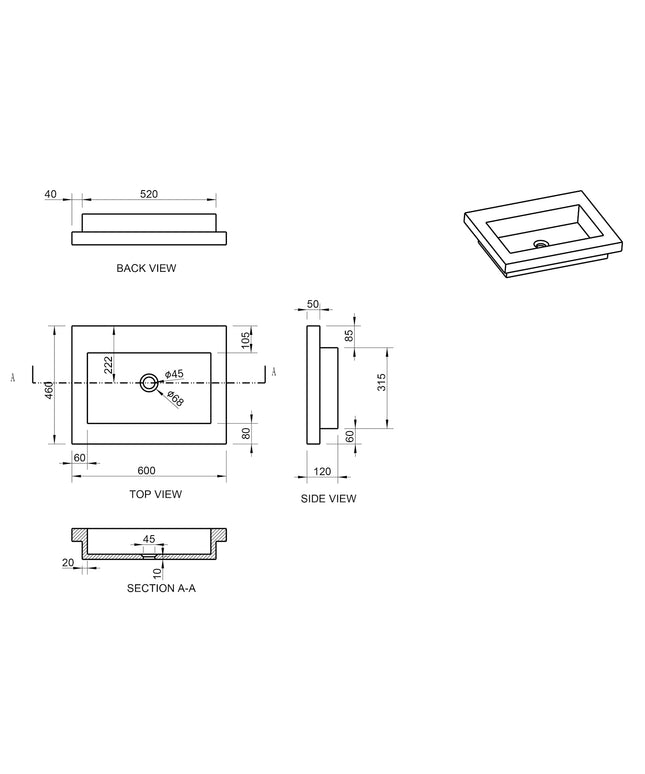 Wiesbaden Raw wastafel zonder kraangat 60 x 46 cm hardsteen gezoet - technische tekening | Schwertz & Co
