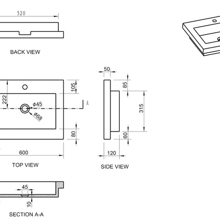 Wiesbaden Raw wastafel met kraangat hardsteen gezoet - technische tekening | Schwertz & Co