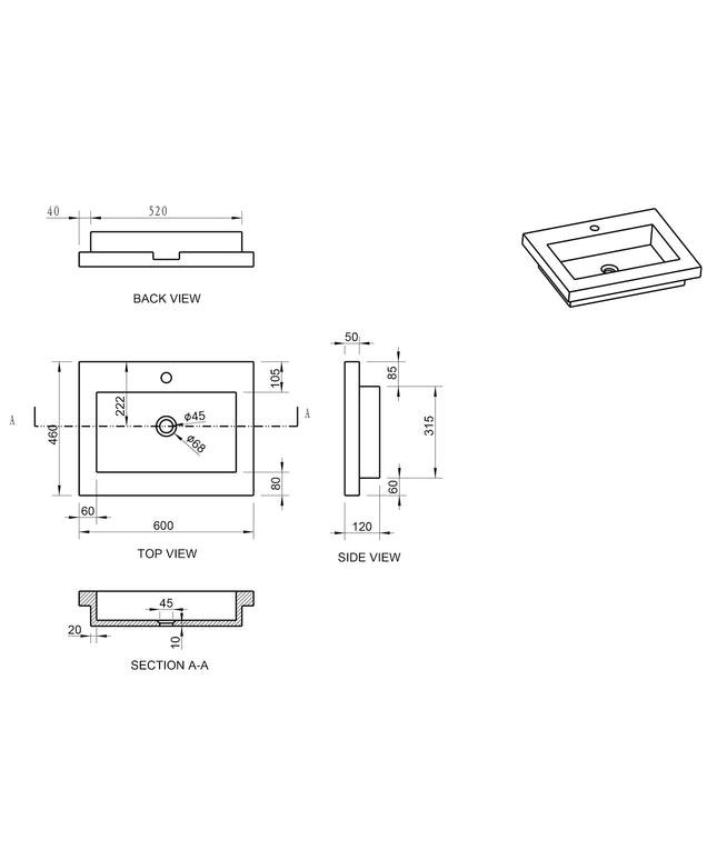 Wiesbaden Raw wastafel met kraangat hardsteen gezoet - technische tekening | Schwertz & Co