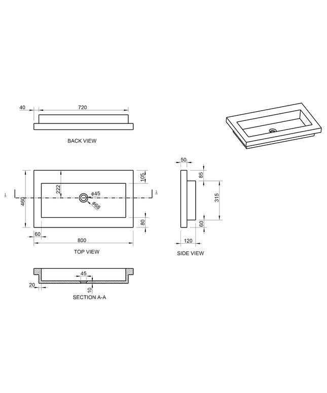 Wiesbaden Raw wastafel zonder kraangat hardsteen gezoet - technische tekening | Schwertz & Co