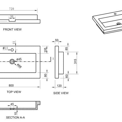Wiesbaden Raw wastafel 80 x 46 cm hardsteen gezoet - technische tekening | Schwertz & Co