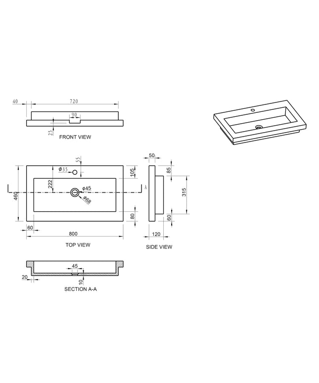 Wiesbaden Raw wastafel 80 x 46 cm hardsteen gezoet - technische tekening | Schwertz & Co