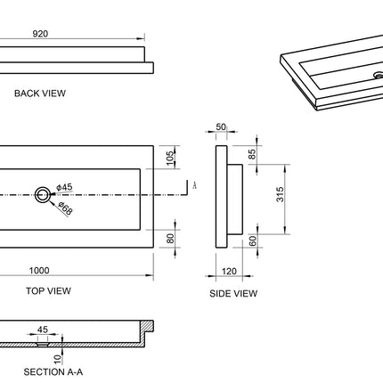 Wiesbaden Raw wastafel 100 x 46 cm zonder kraangat hardsteen gezoet - technische tekening | Schwertz & Co