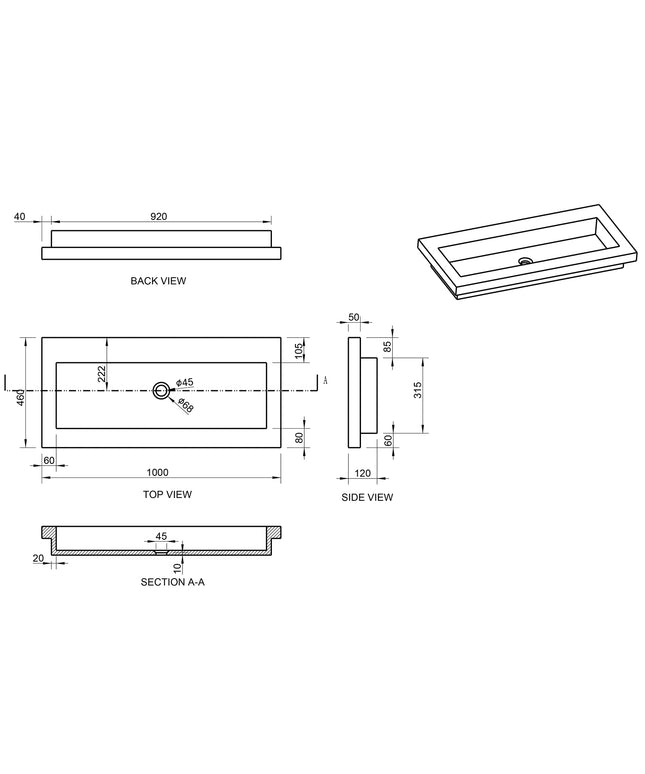 Wiesbaden Raw wastafel 100 x 46 cm zonder kraangat hardsteen gezoet - technische tekening | Schwertz & Co