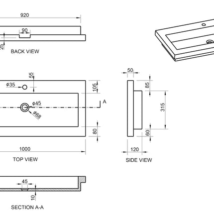 Wiesbaden Raw wastafel 100 x 46 cm met 1 kraangat hardsteen gezoet - technische tekening | Schwertz & Co