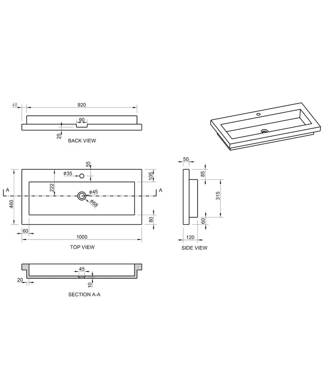 Wiesbaden Raw wastafel 100 x 46 cm met 1 kraangat hardsteen gezoet - technische tekening | Schwertz & Co