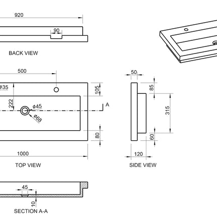 Wiesbaden Raw wastafel 100 x 46 cm met 2 kraangaten hardsteen gezoet - technische tekening | Schwertz & Co