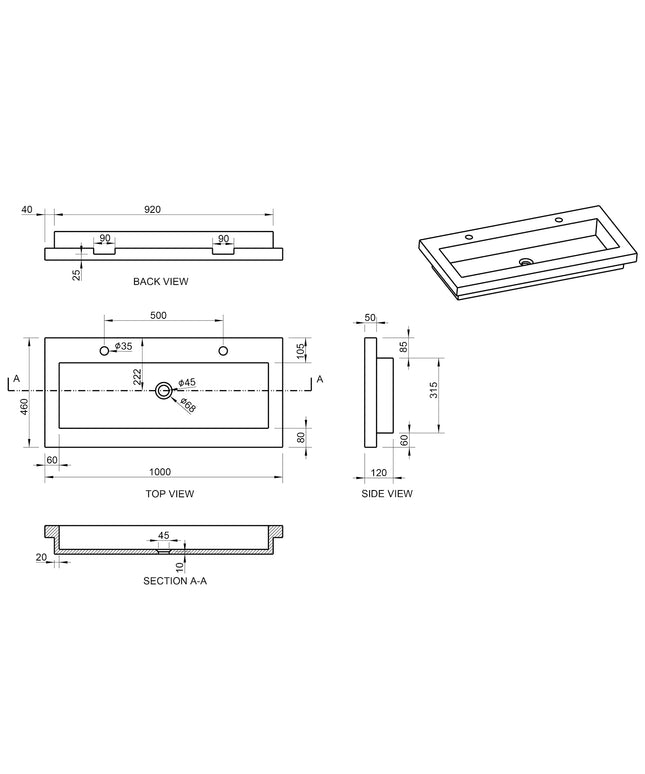 Wiesbaden Raw wastafel 100 x 46 cm met 2 kraangaten hardsteen gezoet - technische tekening | Schwertz & Co