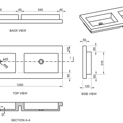 Wiesbaden Raw wastafel dubbel zonder kraangaten hardsteen - technische tekening | Schwertz & Co