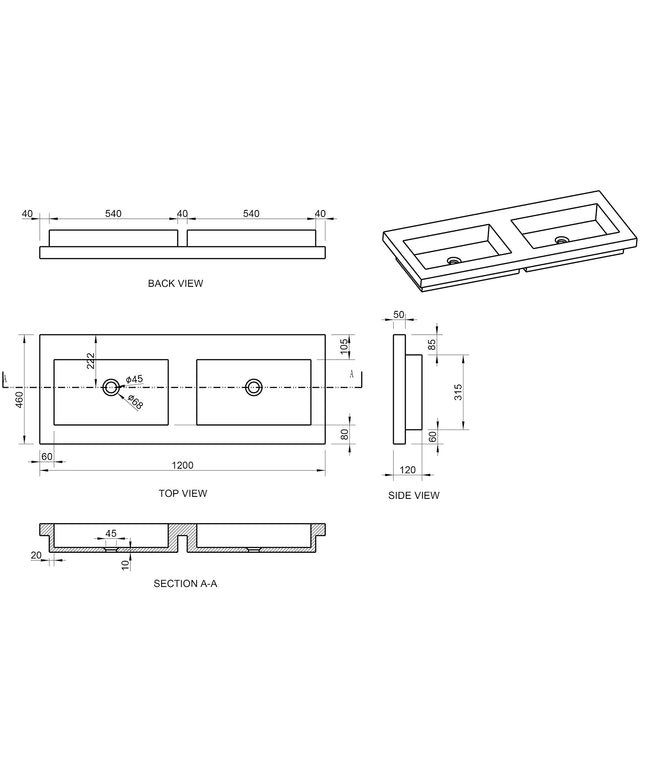 Wiesbaden Raw wastafel dubbel zonder kraangaten hardsteen - technische tekening | Schwertz & Co