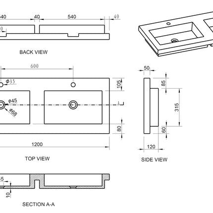 Wiesbaden Raw wastafel dubbel met 2 kraangaten hardsteen - technische tekening | Schwertz & Co
