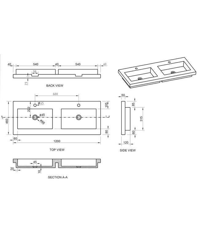 Wiesbaden Raw wastafel dubbel met 2 kraangaten hardsteen - technische tekening | Schwertz & Co