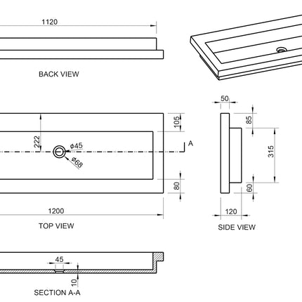 Wiesbaden Raw wastafel enkel zonder kraangat hardsteen - technische tekening | Schwertz & Co