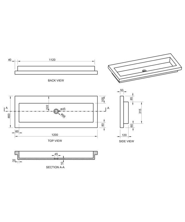 Wiesbaden Raw wastafel enkel zonder kraangat hardsteen - technische tekening | Schwertz & Co