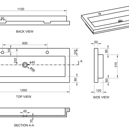 Wiesbaden Raw wastafel enkel met 2 kraangaten hardsteen - technische tekening | Schwertz & Co