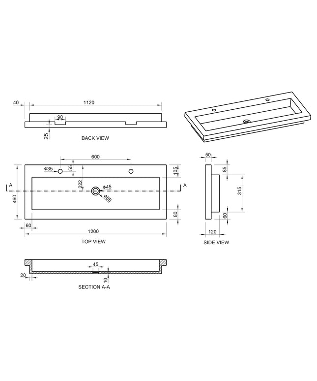 Wiesbaden Raw wastafel enkel met 2 kraangaten hardsteen - technische tekening | Schwertz & Co