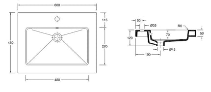 Wiesbaden Kera keramische wastafel 60 cm glans wit - technische tekening | Schwertz & Co