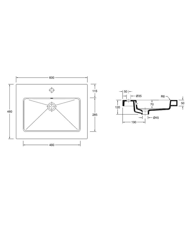 Wiesbaden Kera keramische wastafel 60 cm glans wit - technische tekening | Schwertz & Co