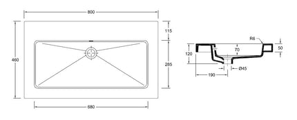 Wiesbaden Kera wastafel keramiek glans wit - technische tekening | Schwertz & Co
