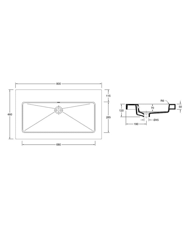 Wiesbaden Kera wastafel keramiek glans wit - technische tekening | Schwertz & Co