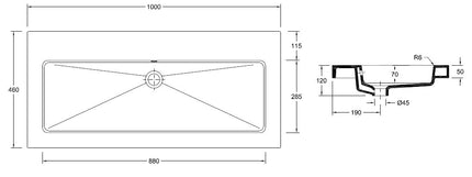 Wiesbaden Kera wastafel enkel zonder kraangat glans wit - technische tekening | Schwertz & Co