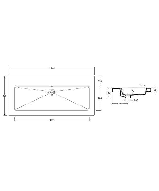 Wiesbaden Kera wastafel enkel zonder kraangat glans wit - technische tekening | Schwertz & Co