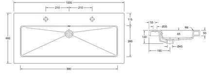 Wiesbaden Kera wastafel enkel met 2 kraangaten glans wit - technische tekening | Schwertz & Co