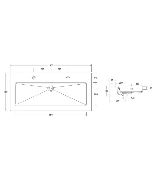Wiesbaden Kera wastafel enkel met 2 kraangaten glans wit - technische tekening | Schwertz & Co