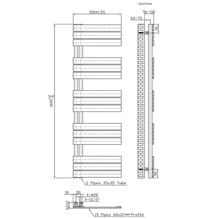 Radiateur de salle de bain Belrad 1800x500mm - Chrome - Connexion moyenne - 575W