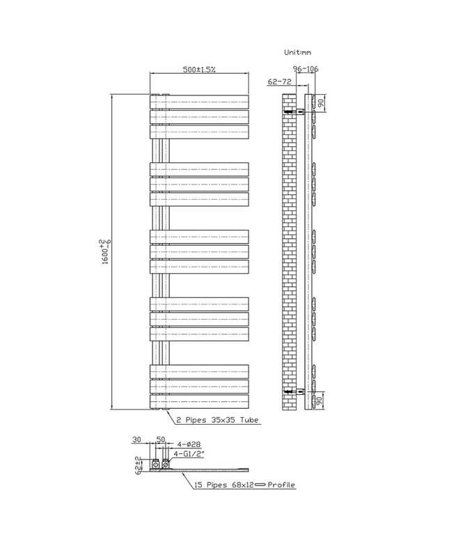 Belrad Bathroom Radiator 1800x500mm - Chrome - Middle connection - 575W