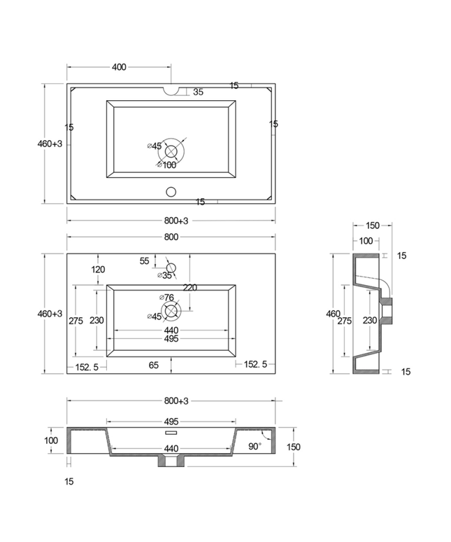 ALONI Wastafel – 80x10x46 cm – Kunstmarmer – Mat Wit