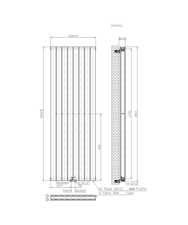 BELRAD Verticale designradiator dubbelzijdig 1800x608mm - Wit - Middenaansluiting - 2164W