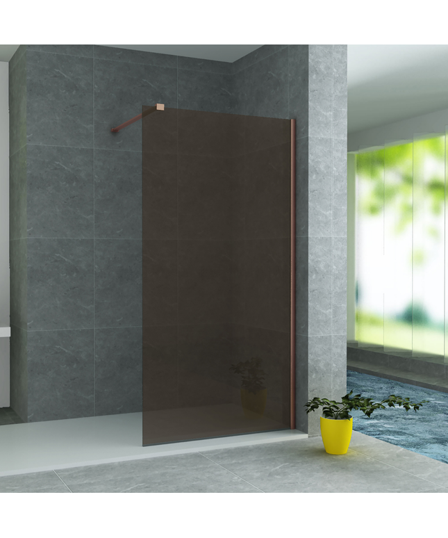 ALONI douchewand champagneglas met koperen profiel – 100x200 cm – 8 mm veiligheidsglas