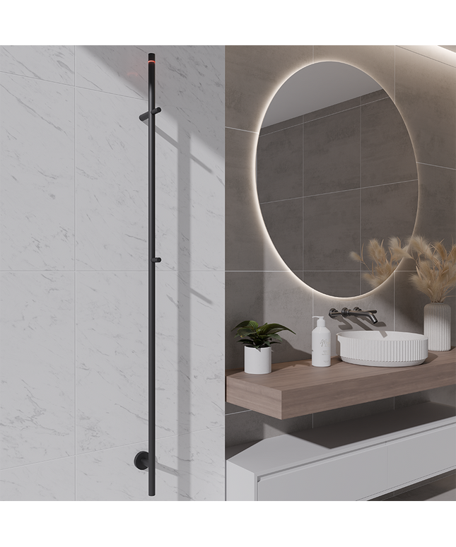 Wiesbaden Callista elektrische handdoekradiator 150 cm mat zwart - sfeerfoto | Schwertz & Co