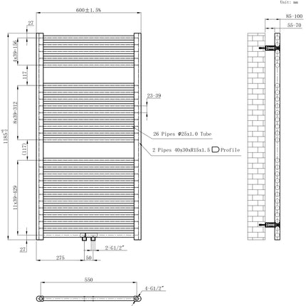 Wiesbaden Elara sierradiator 118,5 x 60 cm glans wit - technische tekening | Schwertz & Co