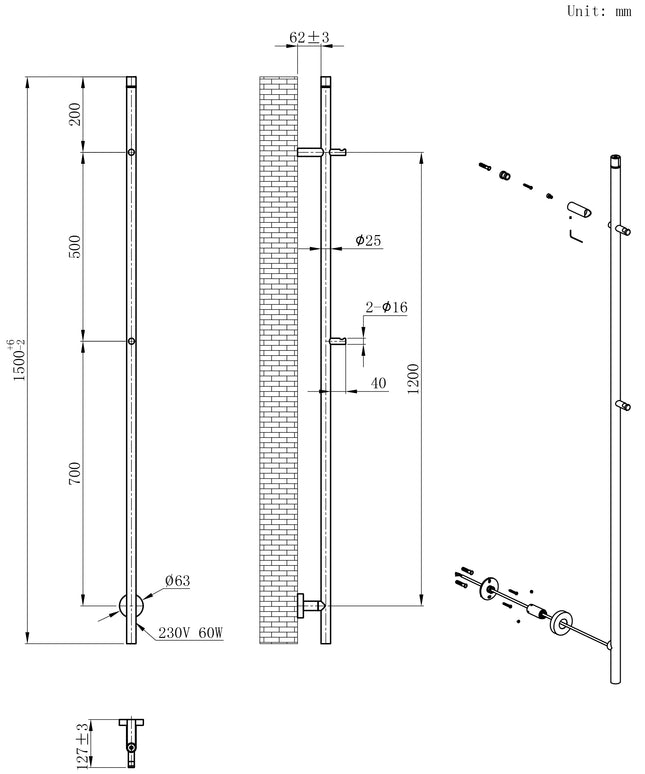Wiesbaden Callista elektrische staafhanddoekradiator chroom 150 cm - technische tekening | Schwertz & Co